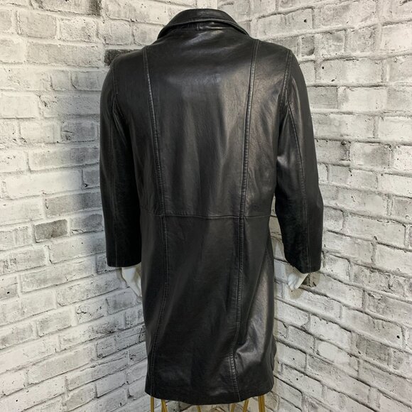 Vintage 90s Danier Black Leather Blazer Trench Coat Overcoat Longline Jacket - Picture 5 of 16